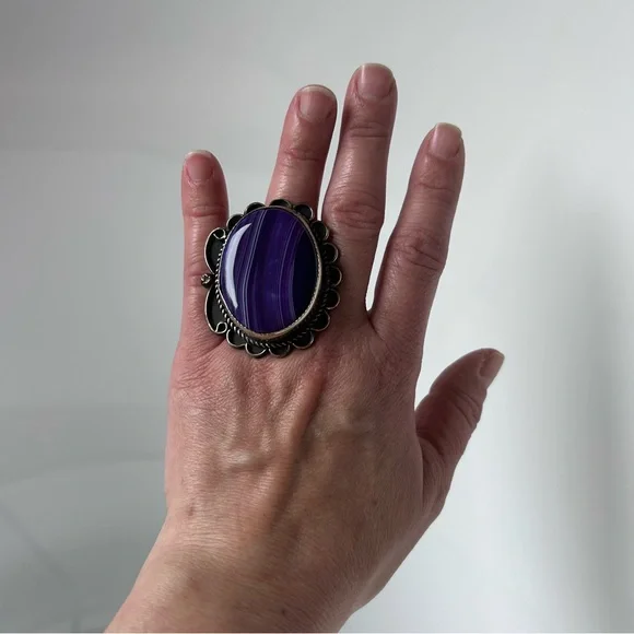 Gary Nez Navajo Purple Banded Agate Native American Huge Signed GN Ring Size 8